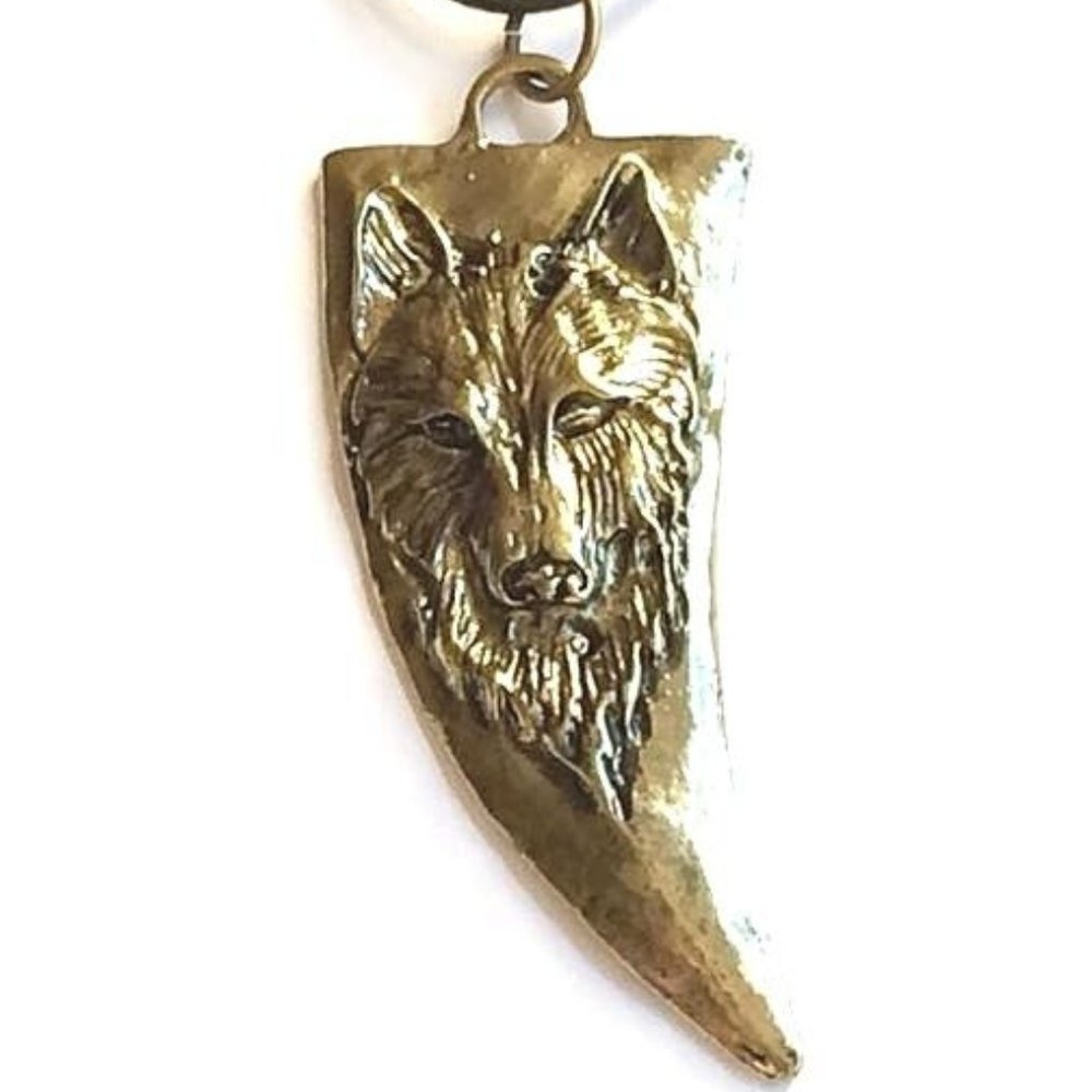 Wolf Head Tooth Necklace Pendant Black Cord Mens Womens Gold Tone Plated